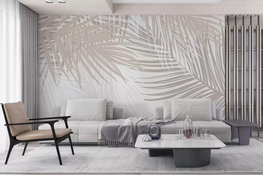Fototapetai Šviesiai smėlio ir baltos spalvos palmių lapai, atogrąžų lapija, švelnios pastelinės spalvos, minimalistinis dizainas w08869