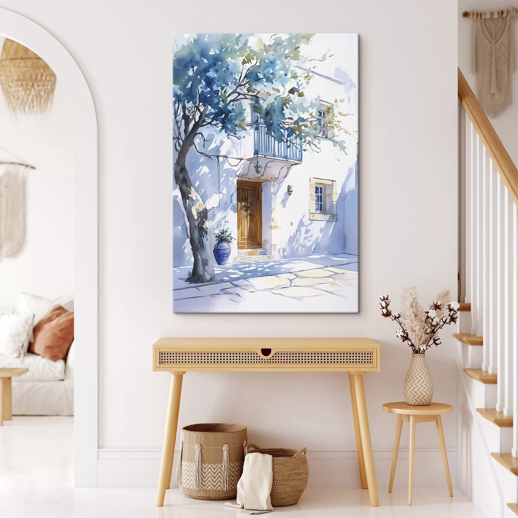 Fototapetai Akvarelės stilius, graikų namas, žydintis medis, architektūra  s43182