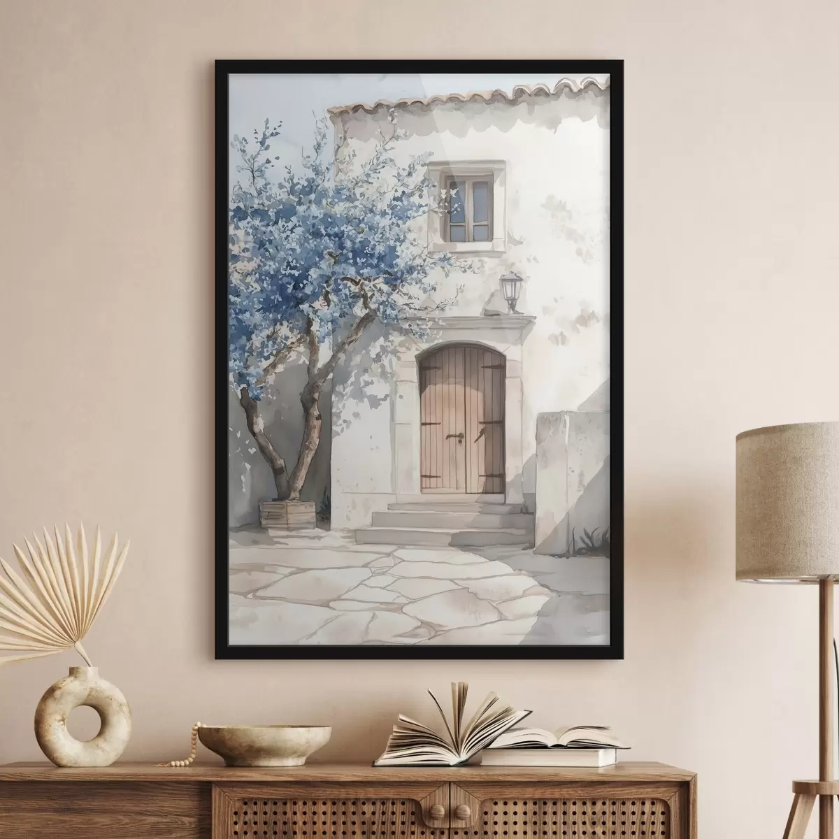 Plakatas Graikų namas su gražiu medžiu, architektūra, akvarelės stilius f43178