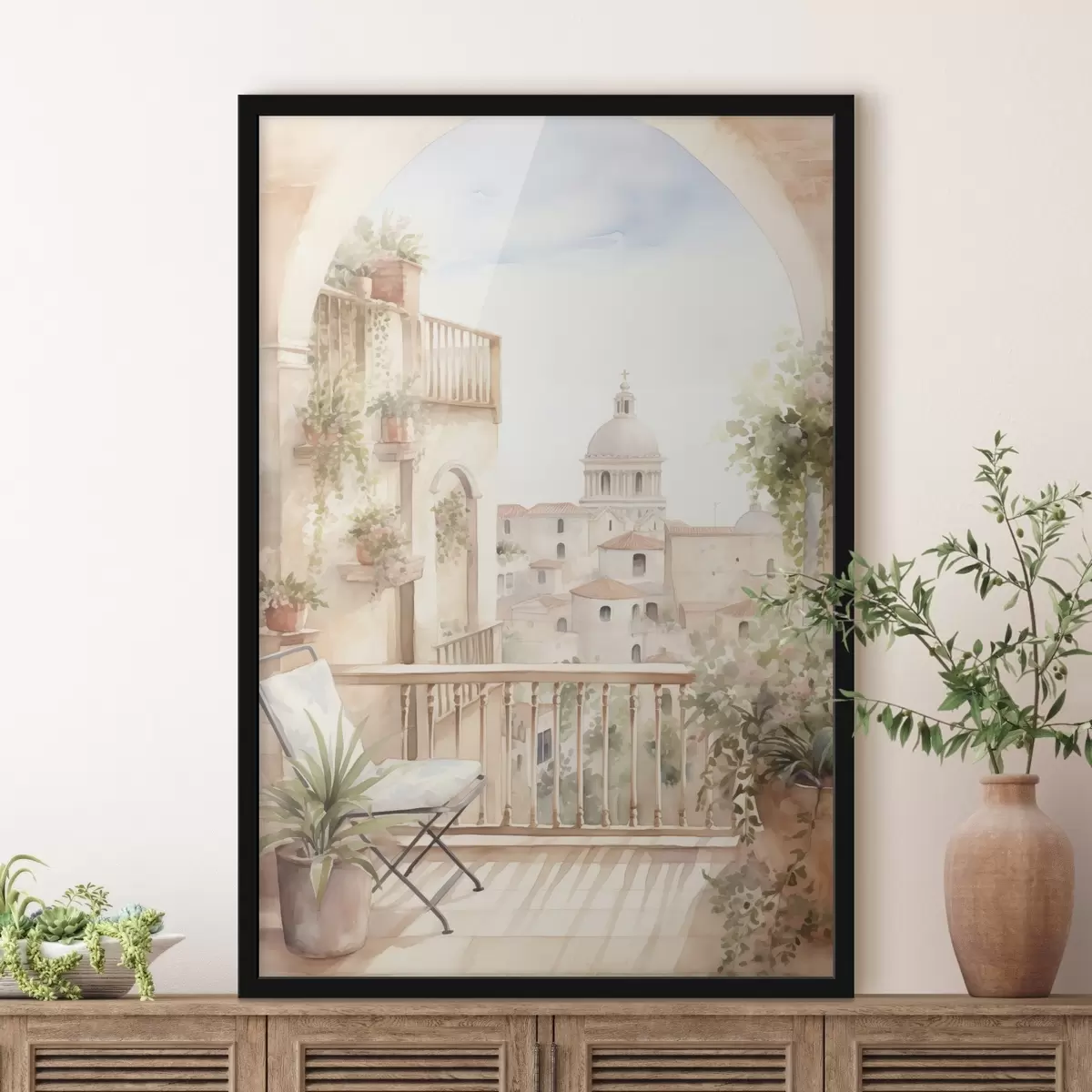 Plakatas Estetiškas vasaros balkonas, Ispanija, senoji architektūra, akvarelė, akvarelės stilius f43180