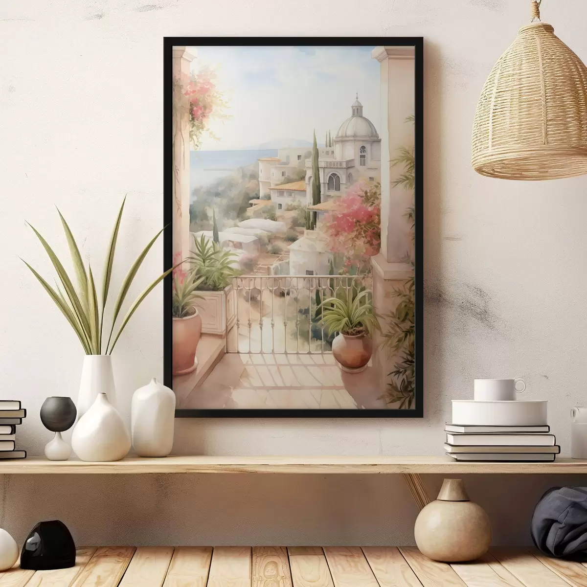Plakatas Ispanijos vasaros kraštovaizdis, Viduržemio jūros regiono architektūra, akvarelės stilius f43181