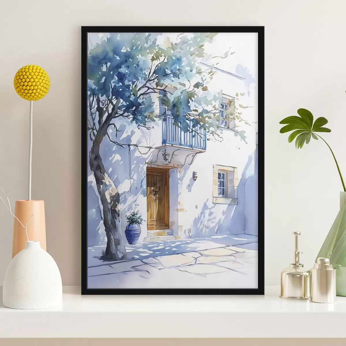 Plakatas Akvarelės stilius, graikų namas, žydintis medis, architektūra f43182