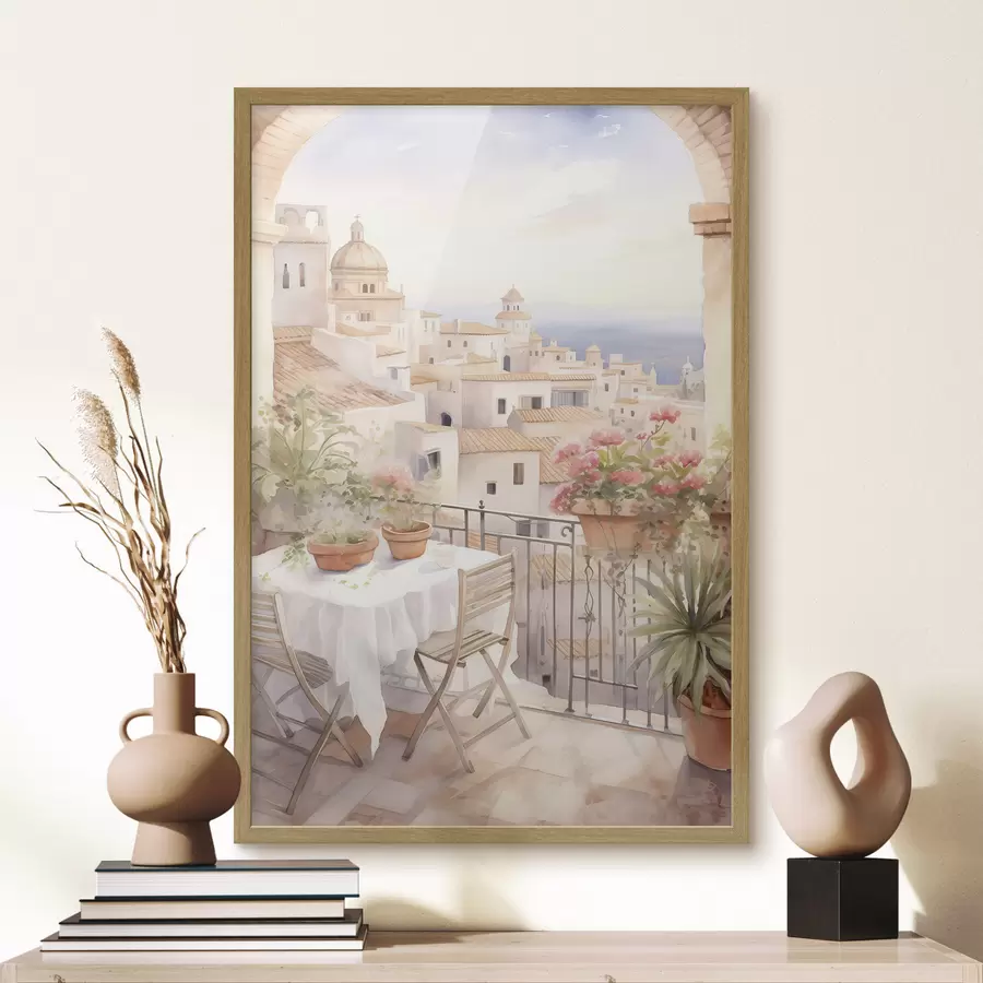 Fototapetai Saulėlydis balkone, Italija, architektūra, žydinčios gėlės, akvarelės stilius f43184