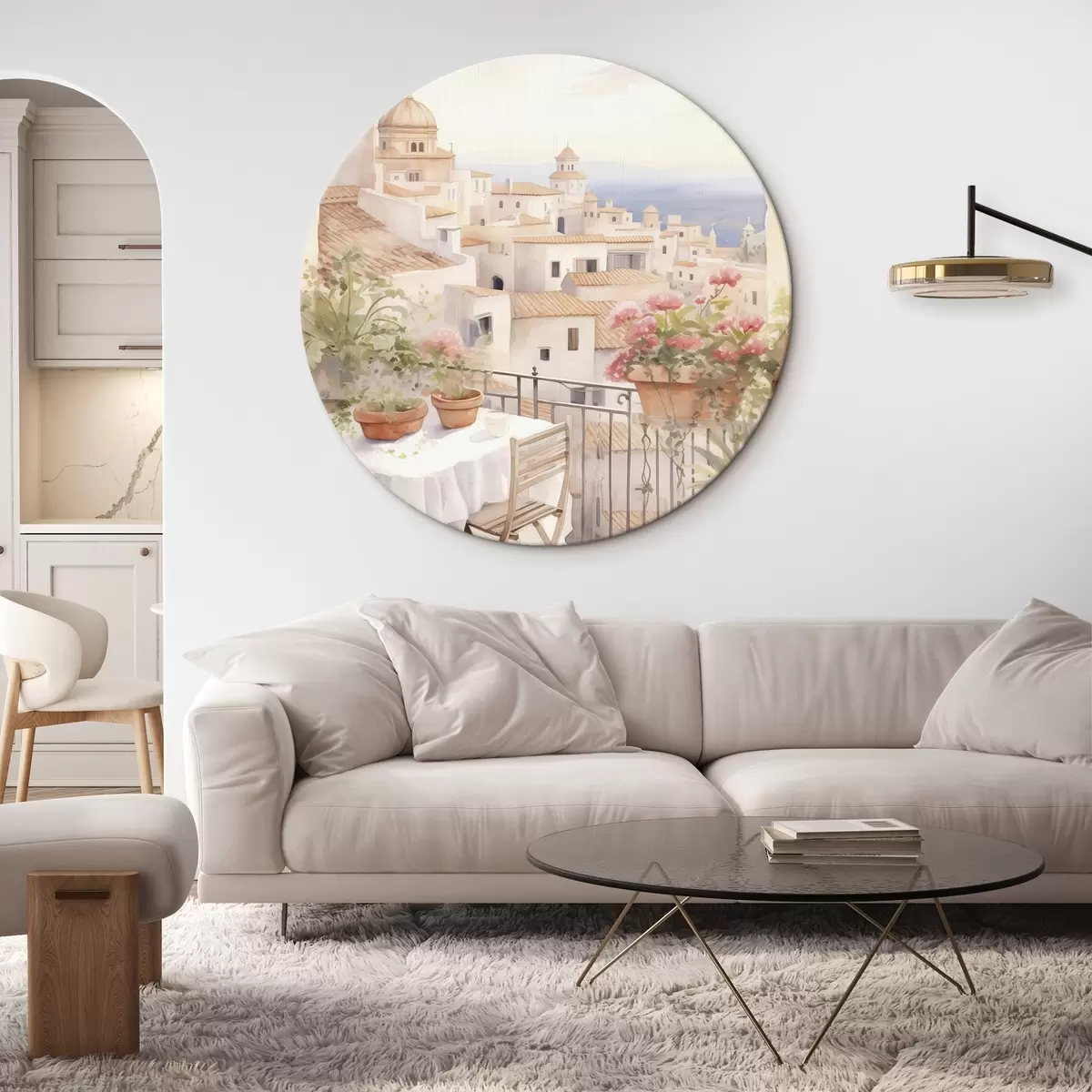 Apvalūs paveikslai Saulėlydis balkone, Italija, architektūra, žydinčios gėlės, akvarelės stilius r43184