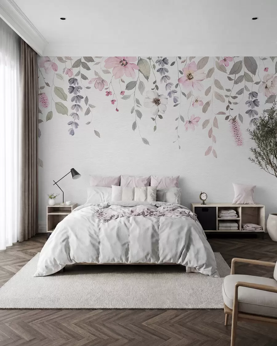 Fototapetai Pakabinamos akvarelinės gėlės ir lapai w03315