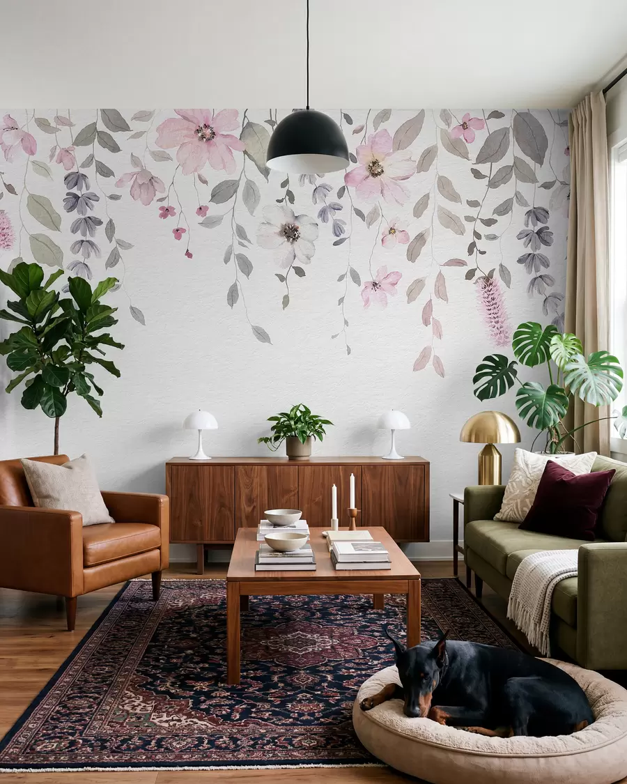 Fototapetai Pakabinamos akvarelinės gėlės ir lapai w03315