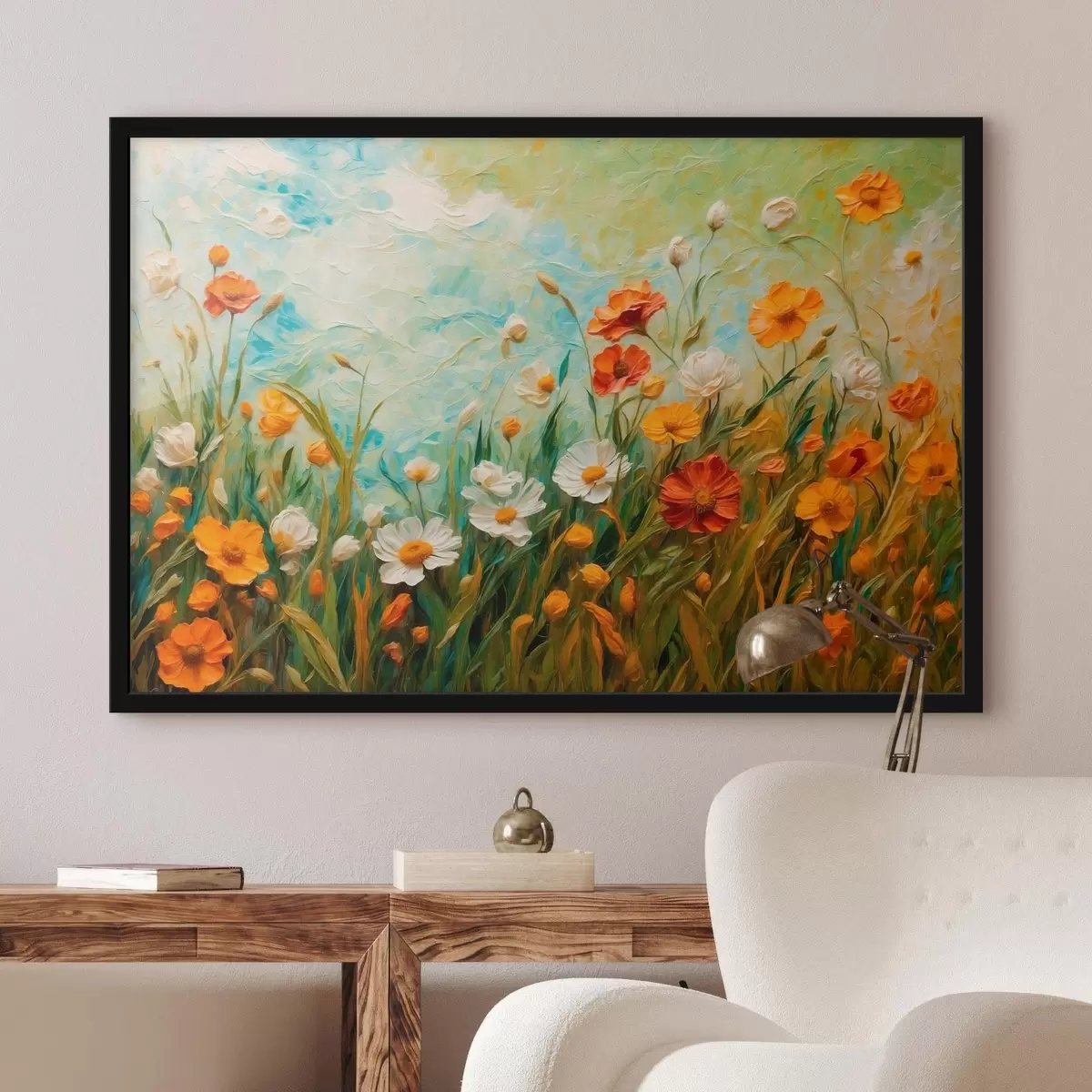 Plakatas Gėlių laukas abstrakčiame mėlyno dangaus fone f43100