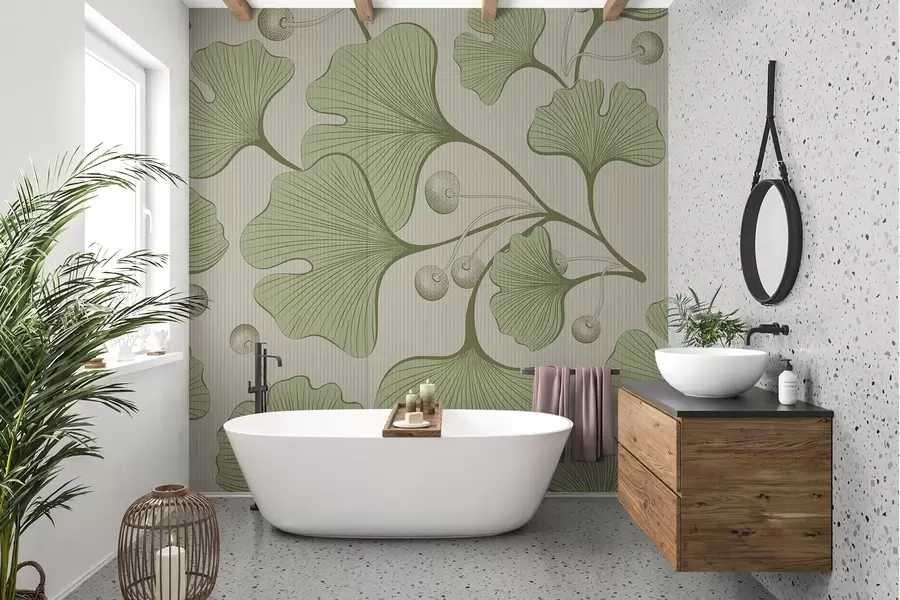 Fototapetai Išsami ginkmedžio lapų iliustracija šviesiame tekstūriniame fone w03326