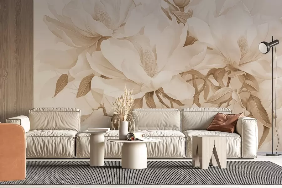 Fototapetai Magnolijos žiedai su baltais ir smėlio spalvos žiedlapiais, lapais ir rudomis šakomis, švelnus ir subtilus akvarelės stilius w08886