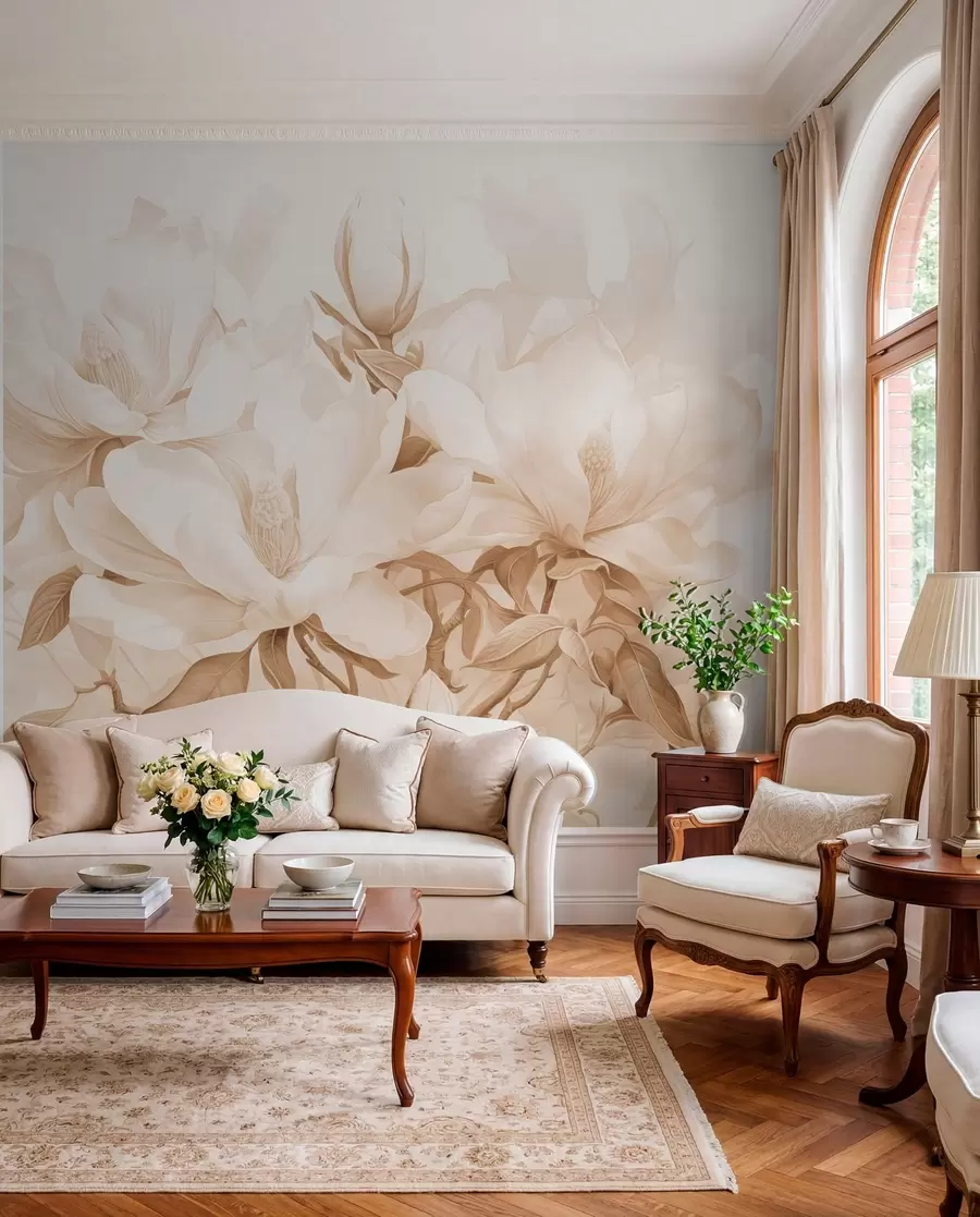 Fototapetai Magnolijos žiedai su baltais ir smėlio spalvos žiedlapiais, lapais ir rudomis šakomis, švelnus ir subtilus akvarelės stilius w08886