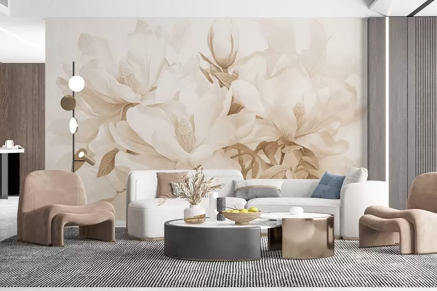 Fototapetai Magnolijos žiedai su baltais ir smėlio spalvos žiedlapiais, lapais ir rudomis šakomis, švelnus ir subtilus akvarelės stilius w08886