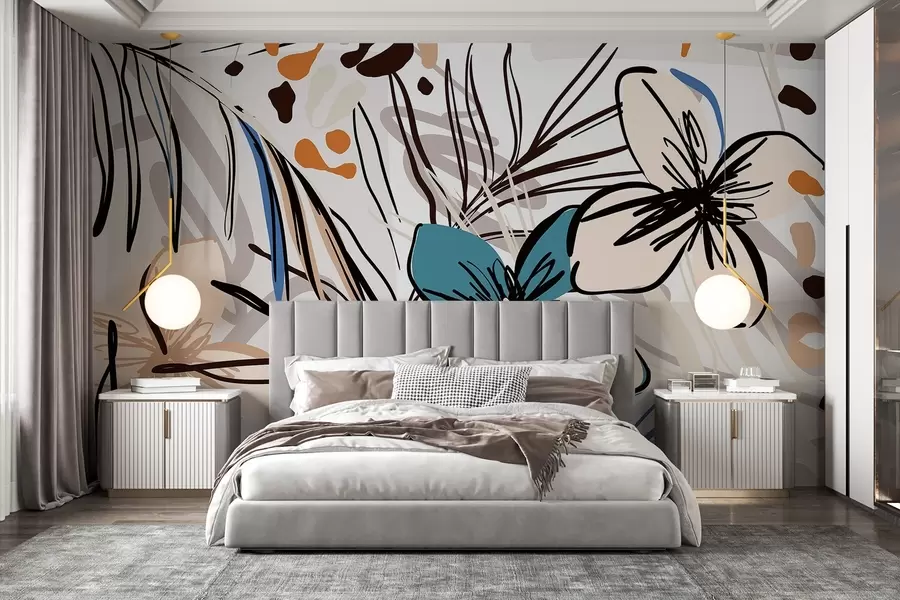 Fototapetai Šiuolaikinis abstraktus atspaudas su atogrąžų palmių lapais, mėlynomis ir smėlio spalvos gėlėmis, juodomis linijomis, šviesiu fonu w08889