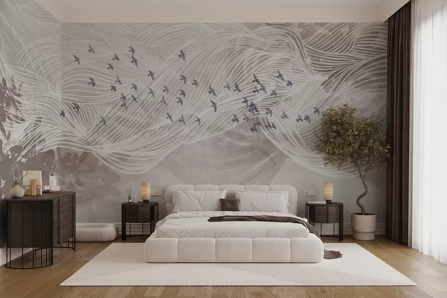 Fototapetai Paukščių pulkas skrendančių virš abstraktaus linijinio meno kraštovaizdžio tekstūruotų smėlio spalvos bangų, švelnių spalvų , minimalistinis dizainas  w08898