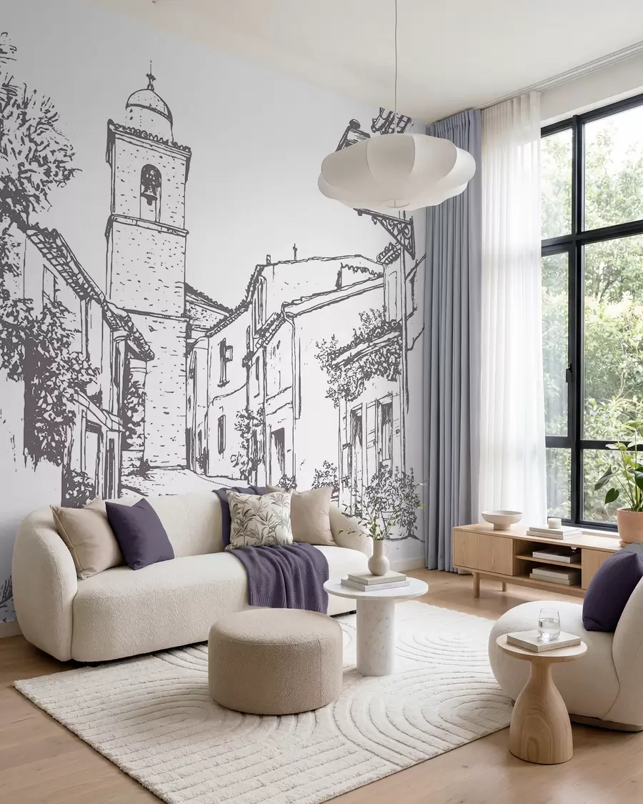 Fototapetai Miesto gatvė, graži architektūra, pastatai, Viduržemio jūros regionas, linijinis piešinys, smėlio spalvos w03345v1