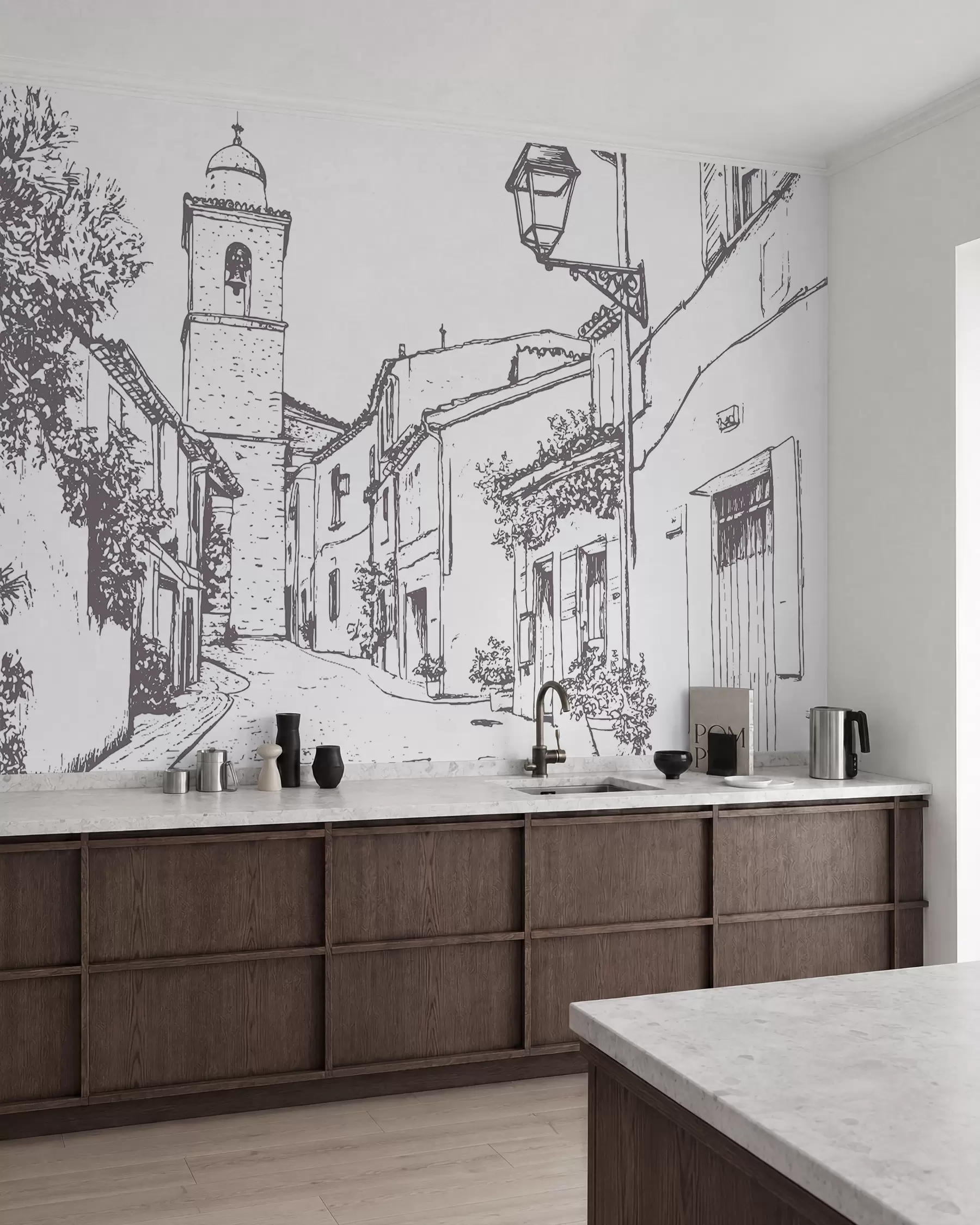Fototapetai Miesto gatvė, graži architektūra, pastatai, Viduržemio jūros regionas, linijinis piešinys, smėlio spalvos w03345v1