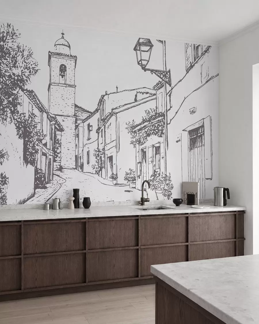 Fototapetai Miesto gatvė, graži architektūra, pastatai, Viduržemio jūros regionas, linijinis piešinys, smėlio spalvos w03345v1