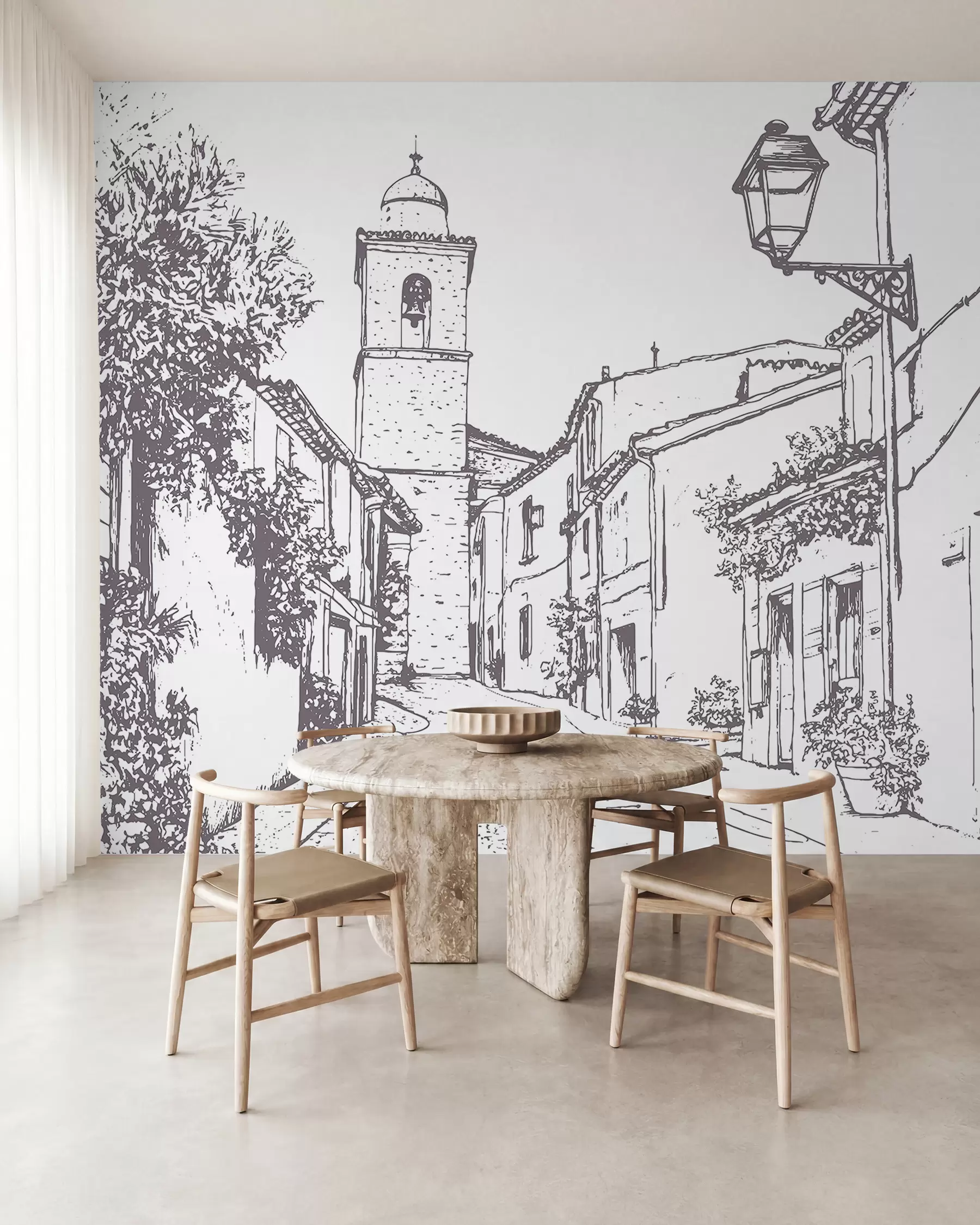 Fototapetai Miesto gatvė, graži architektūra, pastatai, Viduržemio jūros regionas, linijinis piešinys, smėlio spalvos w03345v1