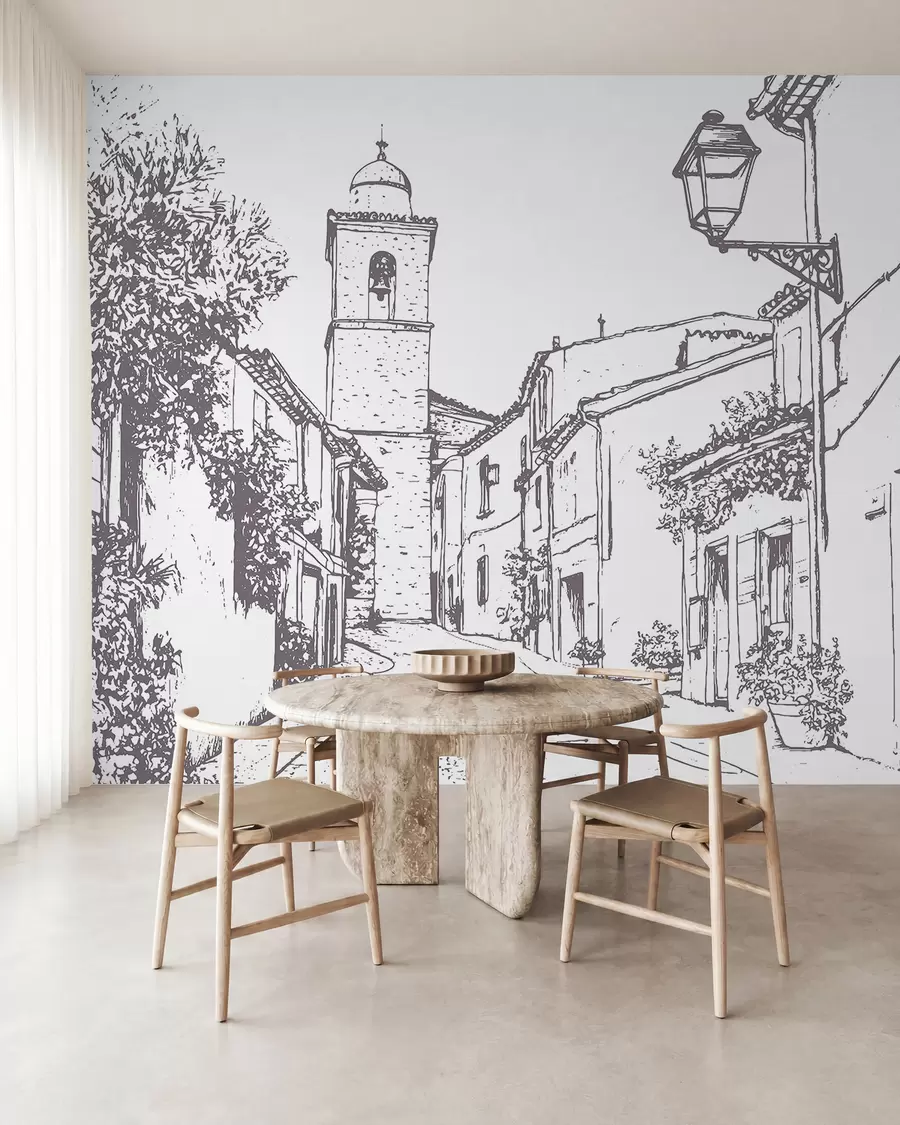Fototapetai Miesto gatvė, graži architektūra, pastatai, Viduržemio jūros regionas, linijinis piešinys, smėlio spalvos w03345v1