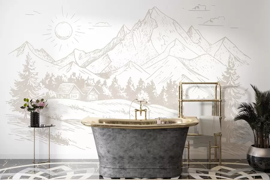 Fototapetai Kalnų piešinys, gamtos peizažai, miškas, mediniai namai, smėlio spalvos w03348