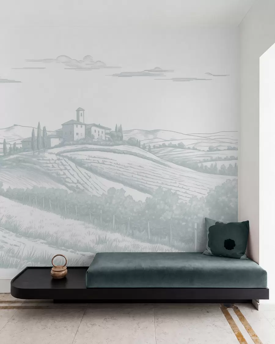 Fototapetai Toskanos peizažai, Italija, vynuogynai, gamta, sena pilis, mėlynos spalvos w03349v1