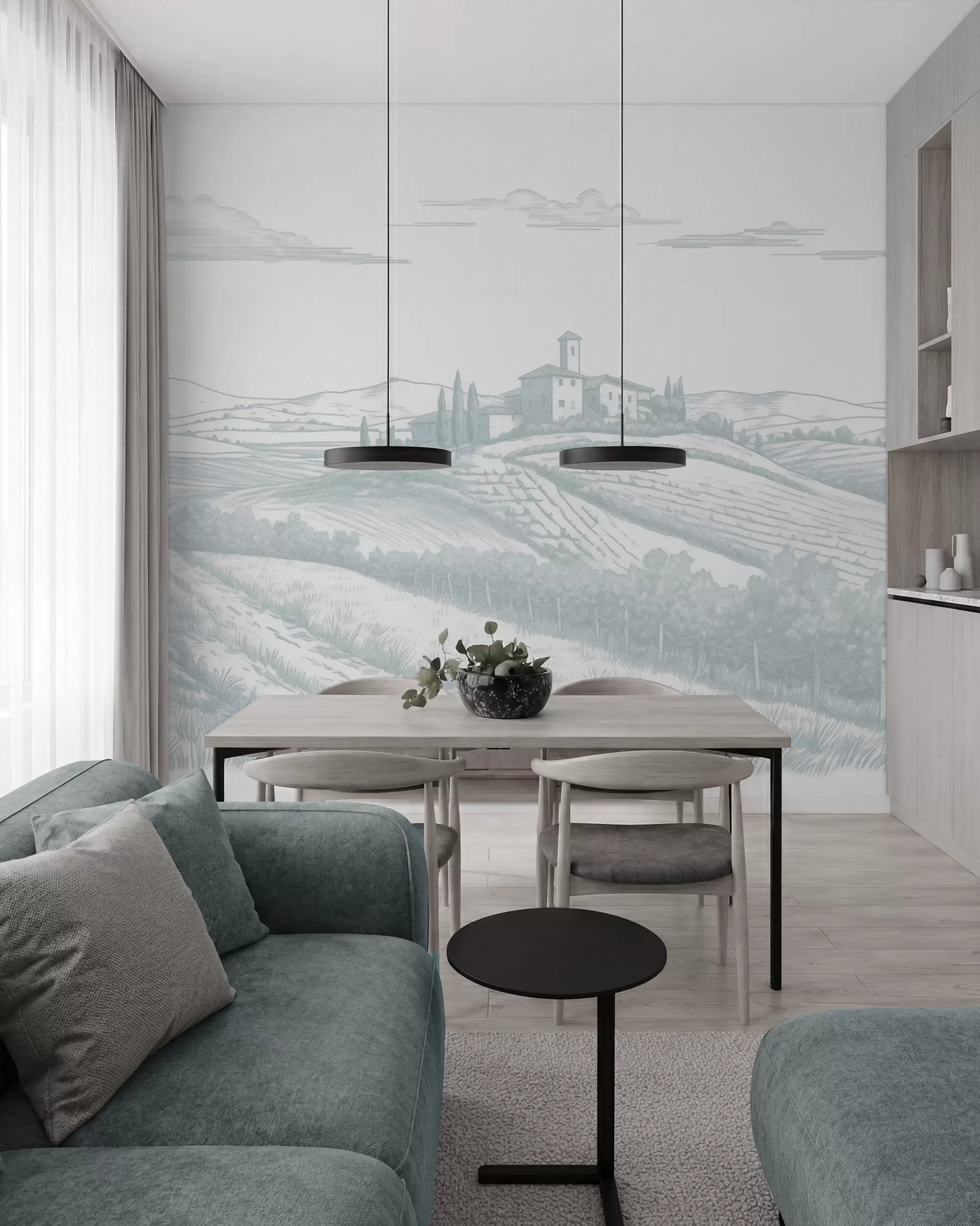 Fototapetai Toskanos peizažai, Italija, vynuogynai, gamta, sena pilis, mėlynos spalvos w03349v1