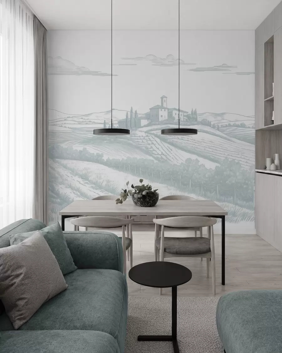 Fototapetai Toskanos peizažai, Italija, vynuogynai, gamta, sena pilis, mėlynos spalvos w03349v1