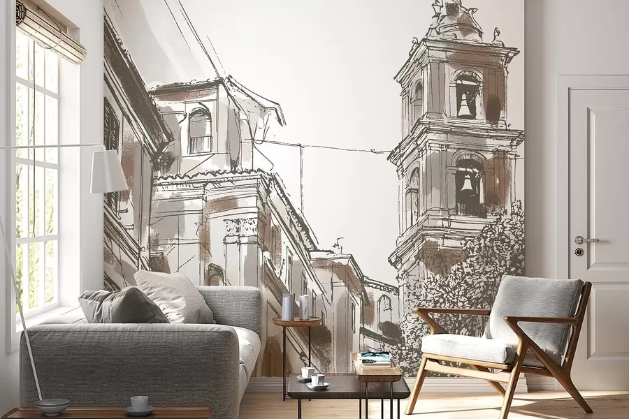 Fototapetai Viduržemio jūros miesto gatvė, koplyčia, architektūra, smėlio ir rudos spalvos w03350v1