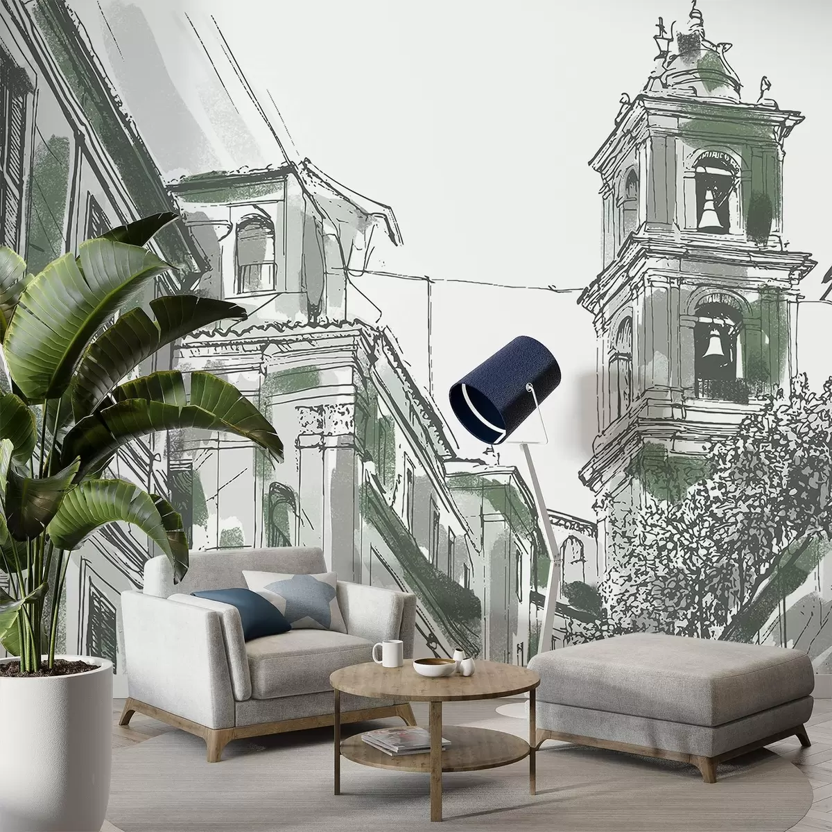 Fototapetai Viduržemio jūros miesto gatvė, koplyčia, architektūra, pilka ir žalia spalvos w03350v2