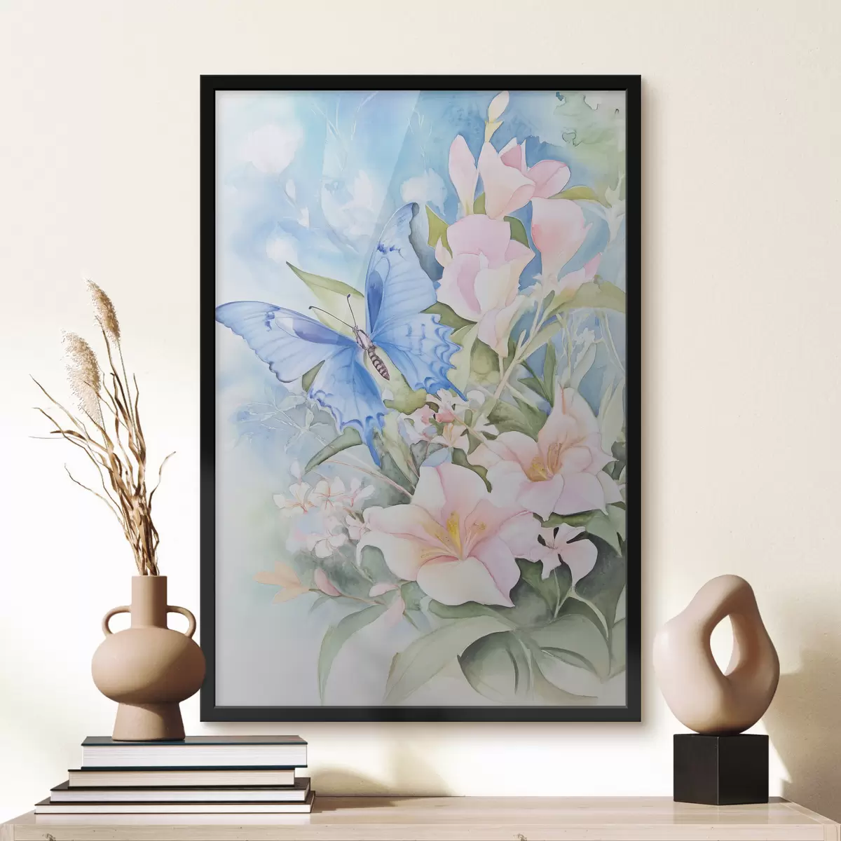 Plakatas Mėlynas drugelis ir rožinės gėlės f43296