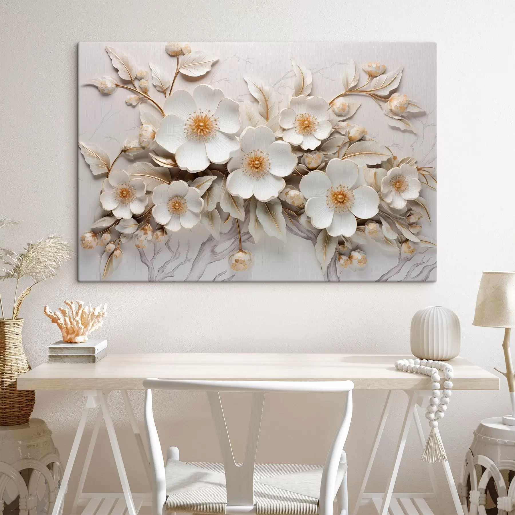 Fototapetai 3D baltos gėlės klasikiniu stiliumi su geltonu akcentu s43313