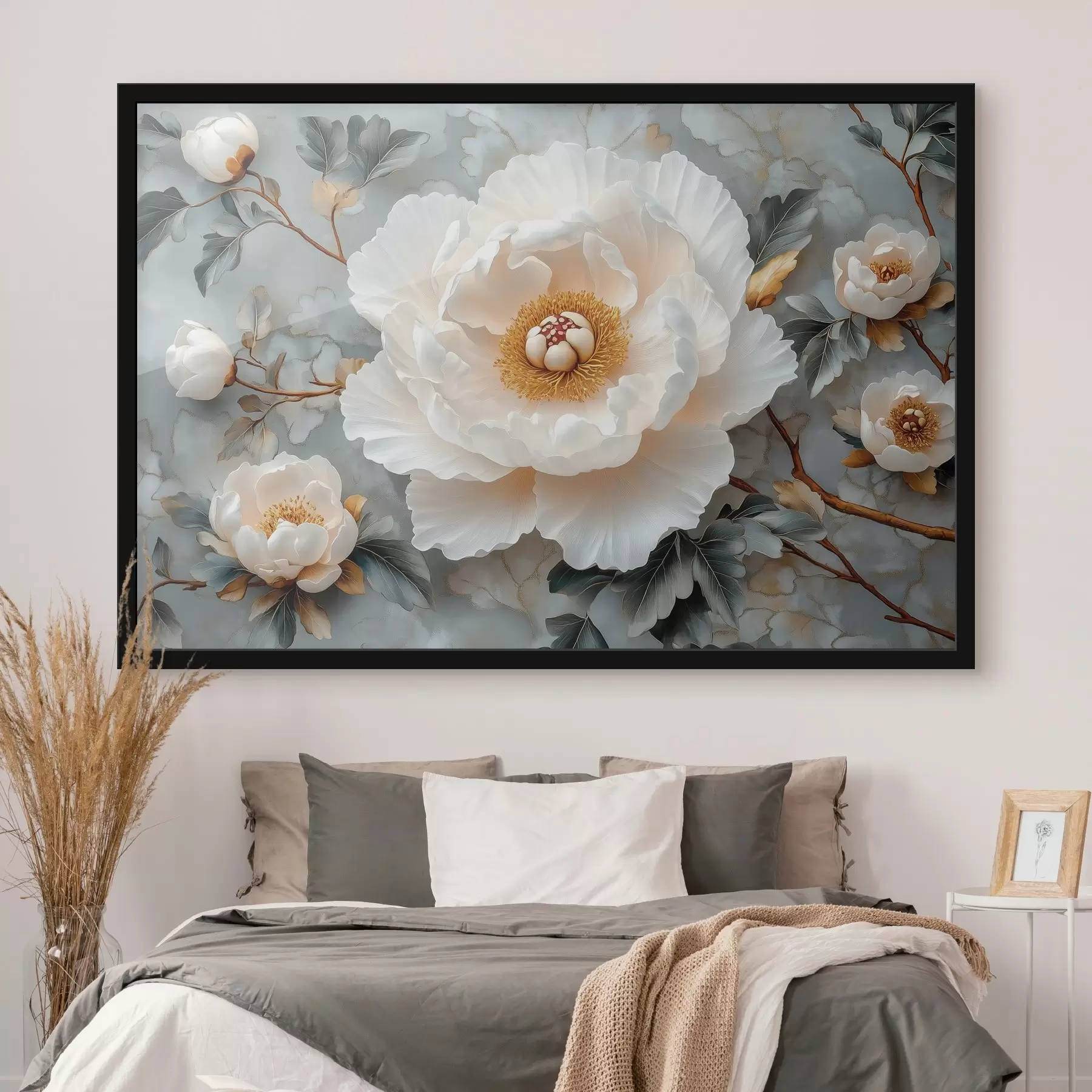 Fototapetai Puošnus bijūnas lapų ir mažų bijūnų fone f43315