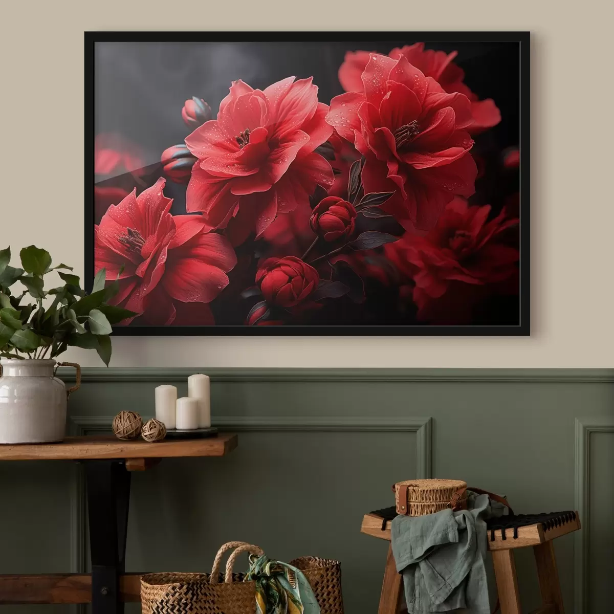 Plakatas Raudonos gėlės tamsiame fone f43318