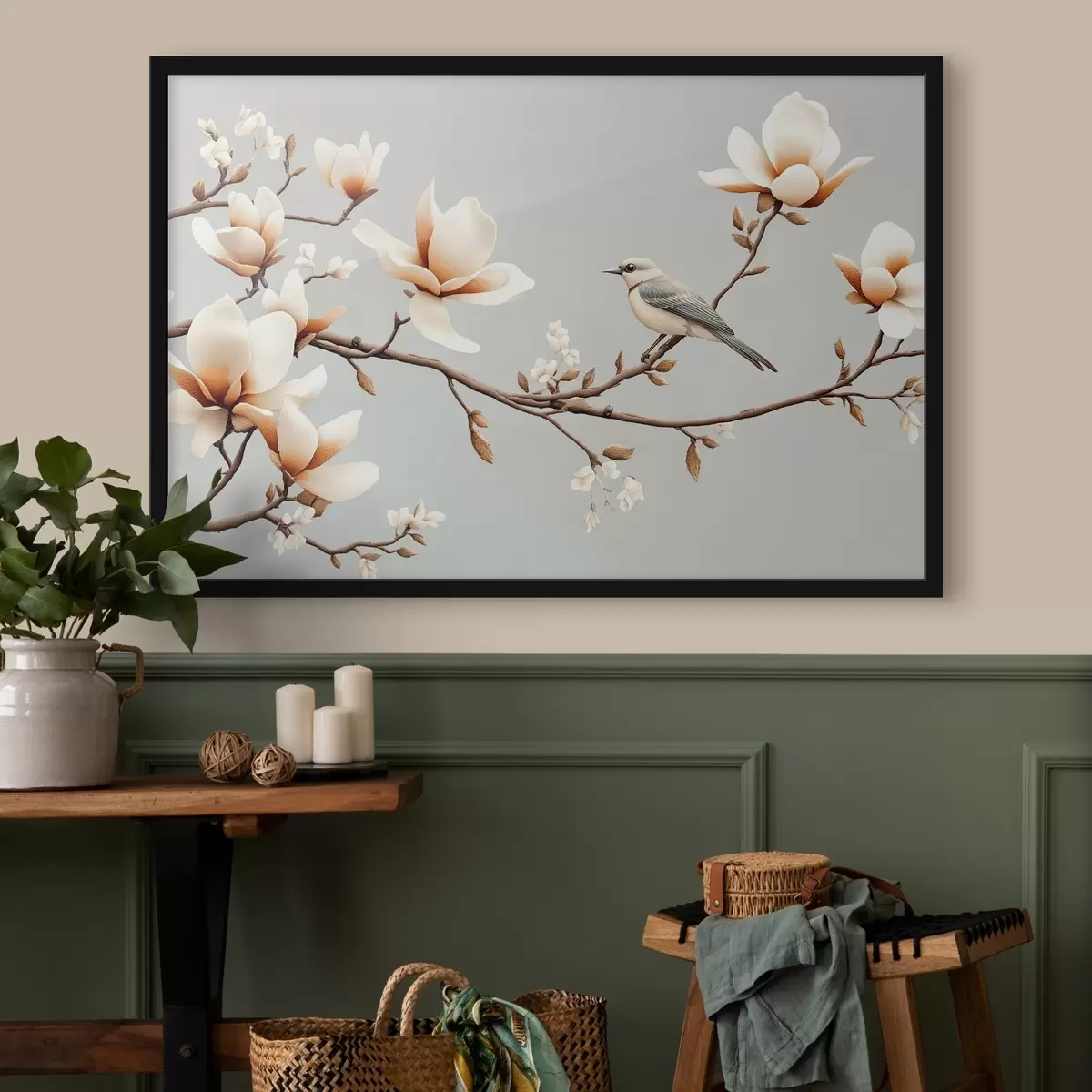 Plakatas Paukštis ant šakos su švelnių pastelinių spalvų magnolijomis f43320
