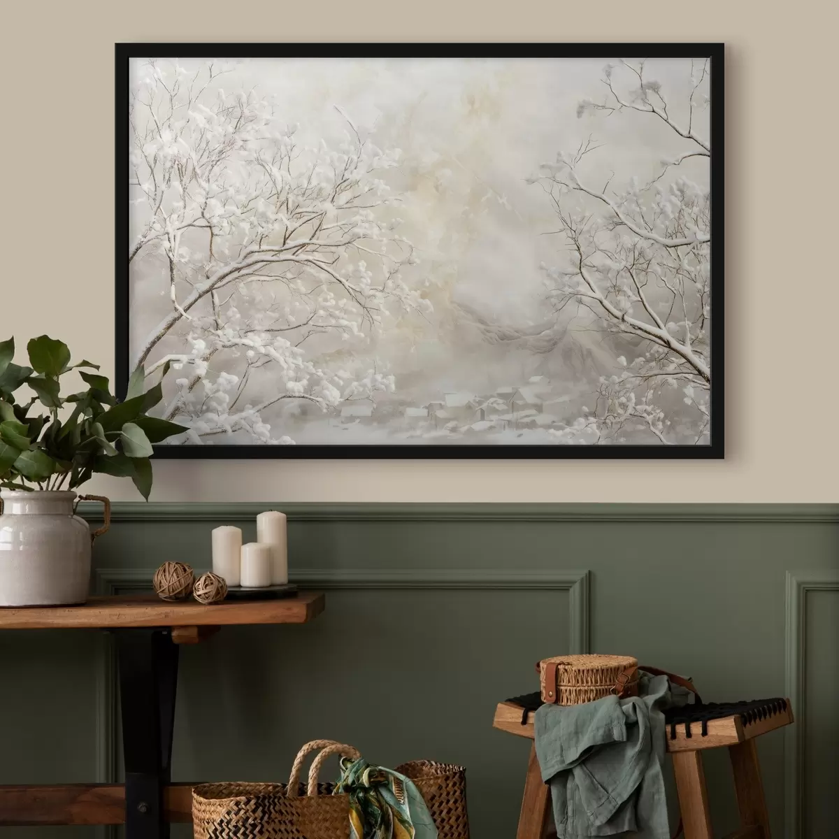 Plakatas Žiemos šakos su sniegu žiemos kaimo fone f43321