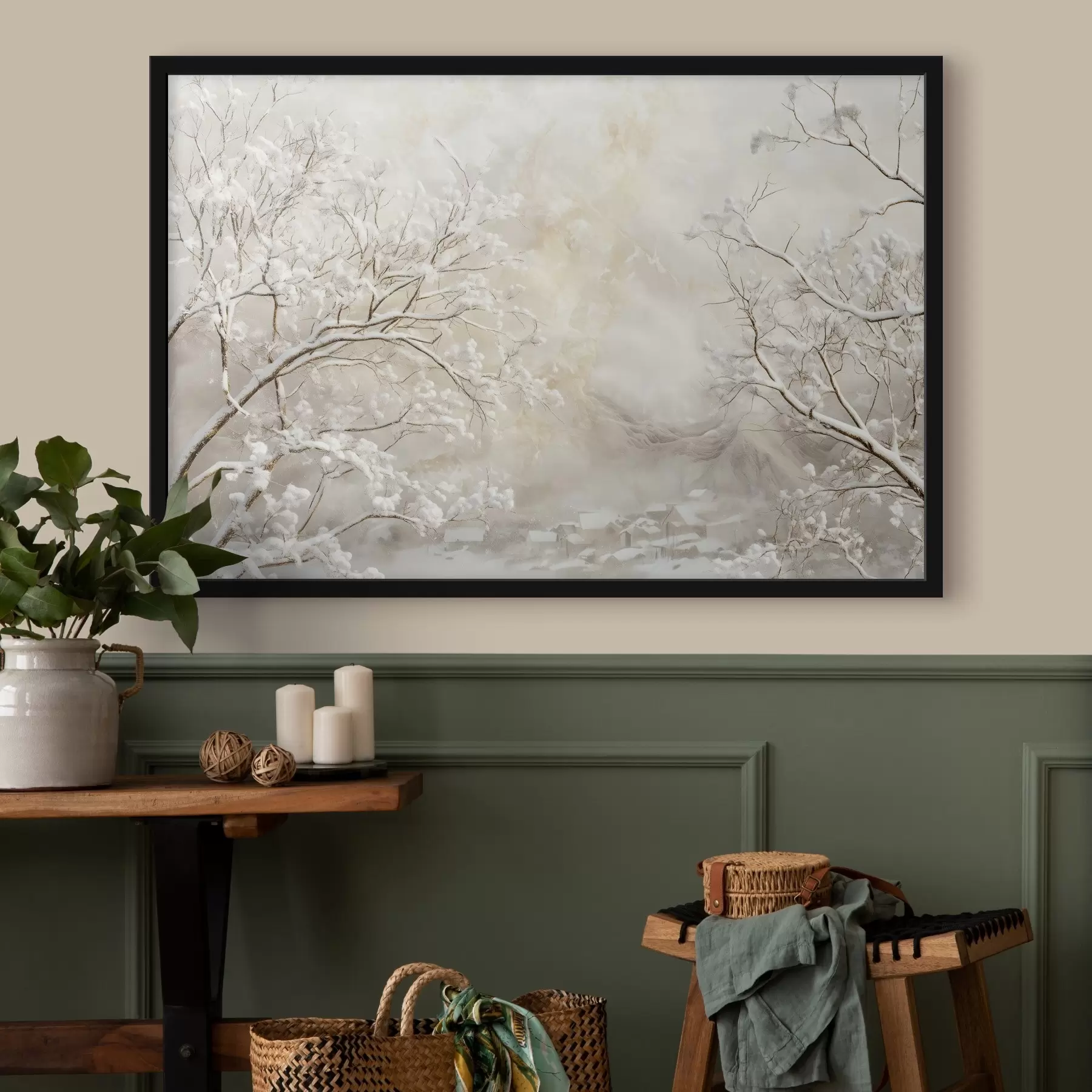 Fototapetai Žiemos šakos su sniegu žiemos kaimo fone f43321