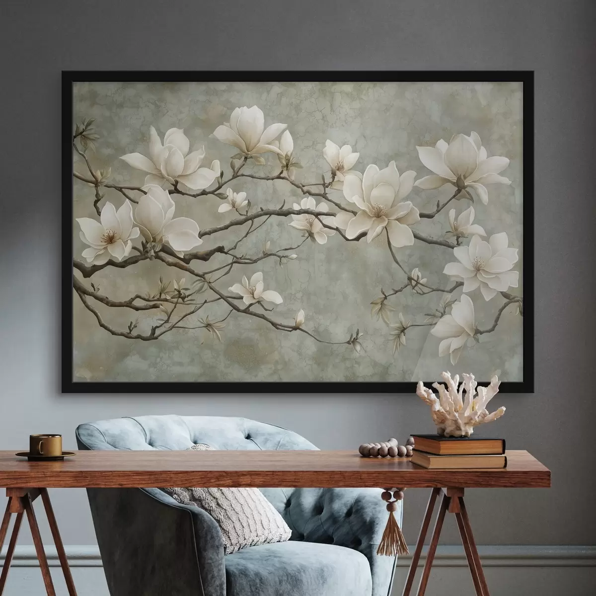 Plakatas Magnolijos šaka pasteliniame grunge fone f43322
