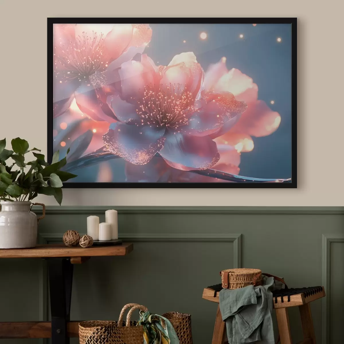 Plakatas Magiška rožinė gėlė su saulės spinduliais f43328