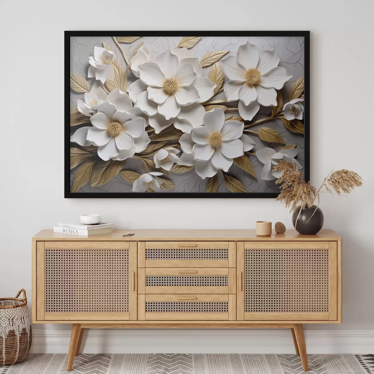 Plakatas Baltos reljefinės freskos stiliaus gėlės su geltonais lapais ir erškėtrožėmis f43330