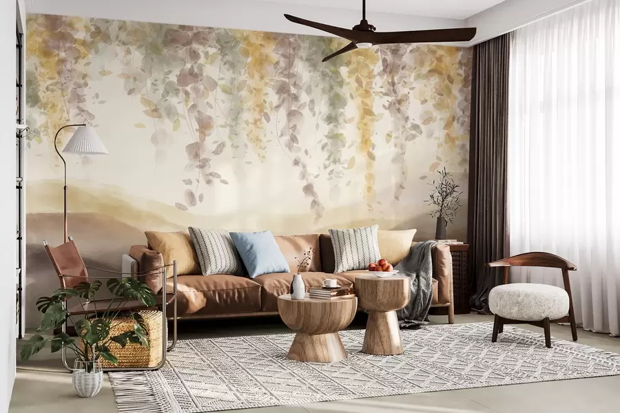 Fototapetai Visterijos lapai, kabantys virš melsvų kalnų, švelnios pastelinės geltonos ir rudos spalvos, akvarelės stiliaus kraštovaizdis w08909v1