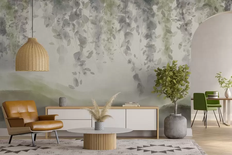 Fototapetai Visterijos lapai, kabantys virš melsvų kalnų, švelnios pastelinės žalios ir smėlio spalvos, akvarelės stiliaus kraštovaizdis w08909v2