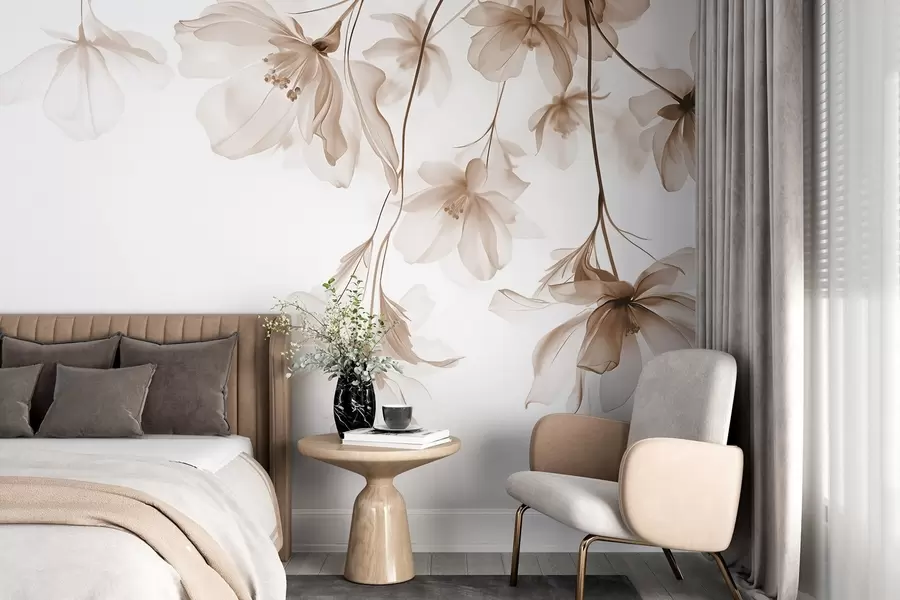 Fototapetai Smėlio spalvos gėlės su permatomais žiedlapiais, kabančios ant šakos, smėlio ir baltos spalvos, minimalistinė modernaus meno kompozicija w08911v1