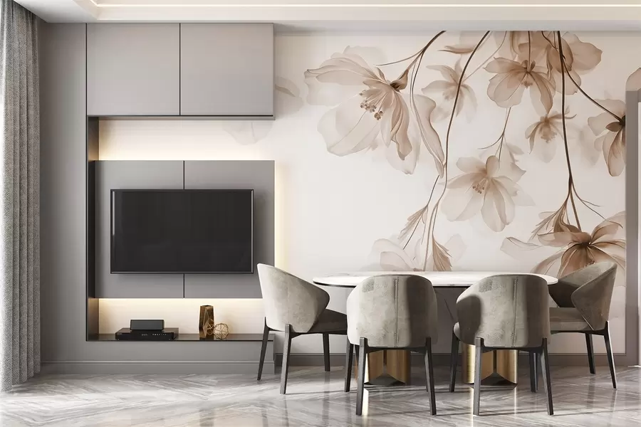 Fototapetai Smėlio spalvos gėlės su permatomais žiedlapiais, kabančios ant šakos, smėlio ir baltos spalvos, minimalistinė modernaus meno kompozicija w08911v1