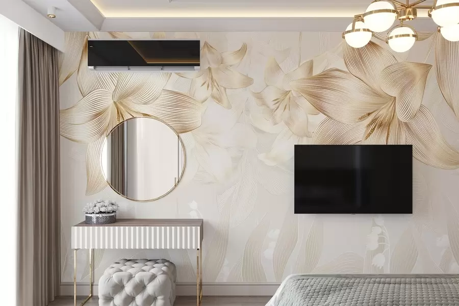 Fototapetai Geltonos lelijos su įmantriomis linijų detalėmis, elegantiška gėlių kompozicija, neutrali spalvų paletė w08912