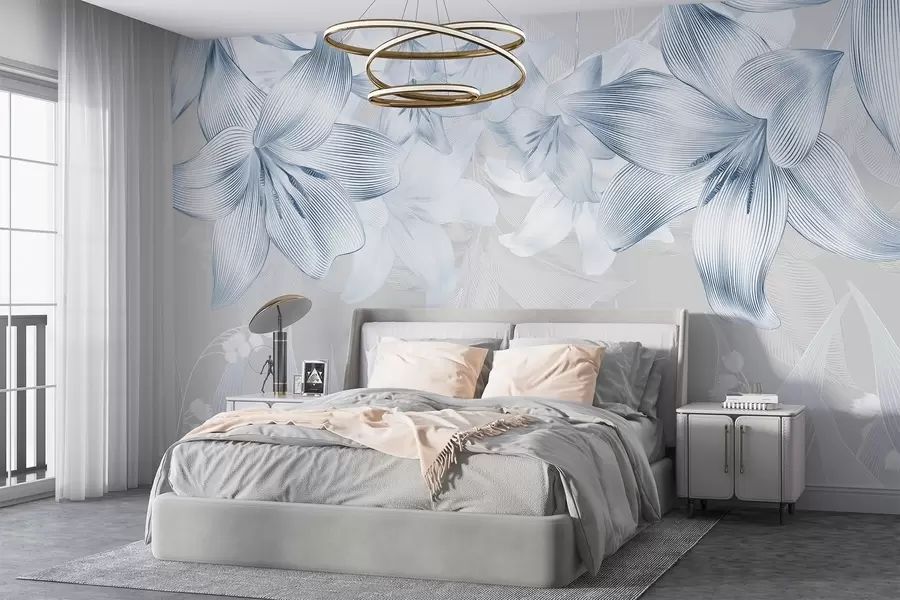 Fototapetai Mėlynos lelijos su įmantriomis linijų detalėmis, elegantiška gėlių kompozicija, neutrali spalvų paletė w08912v1