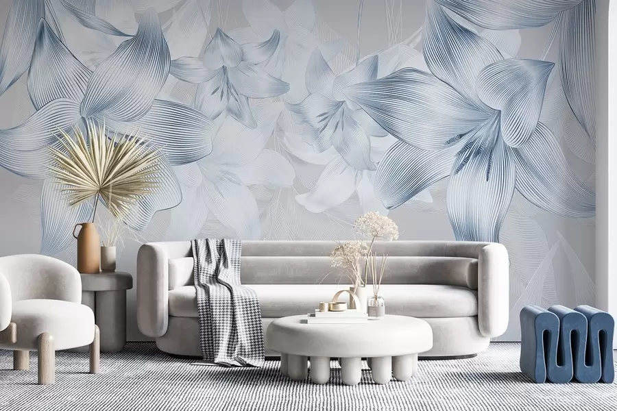 Fototapetai Mėlynos lelijos su įmantriomis linijų detalėmis, elegantiška gėlių kompozicija, neutrali spalvų paletė w08912v1