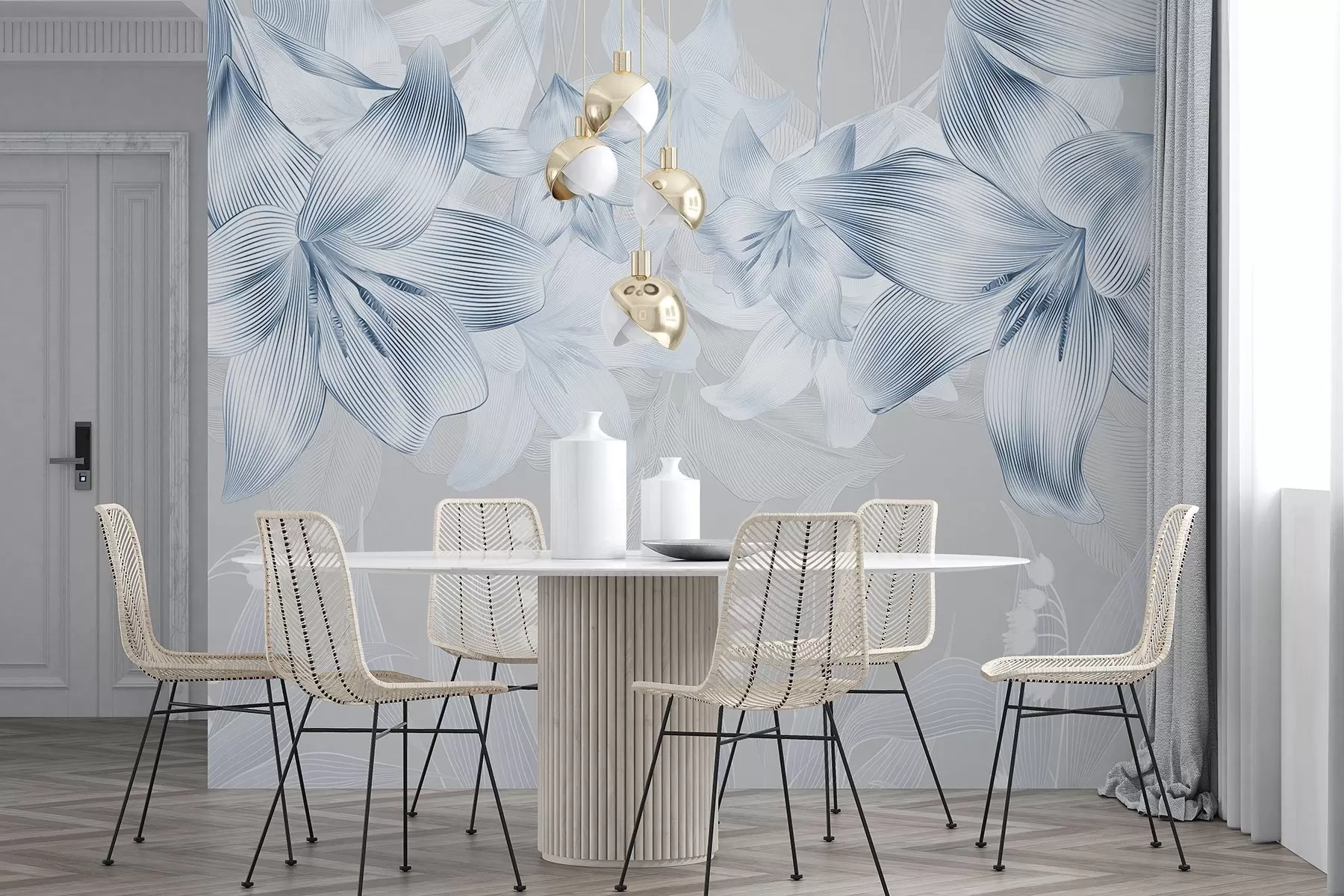 Fototapetai Mėlynos lelijos su įmantriomis linijų detalėmis, elegantiška gėlių kompozicija, neutrali spalvų paletė w08912v1
