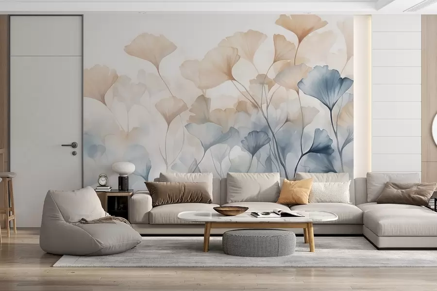 Fototapetai Mėlynos ir oranžinės spalvos akvarelės ginkmedžio lapai, permatomi žiedlapiai, subtilūs stiebai, švelni spalvų paletė w08917