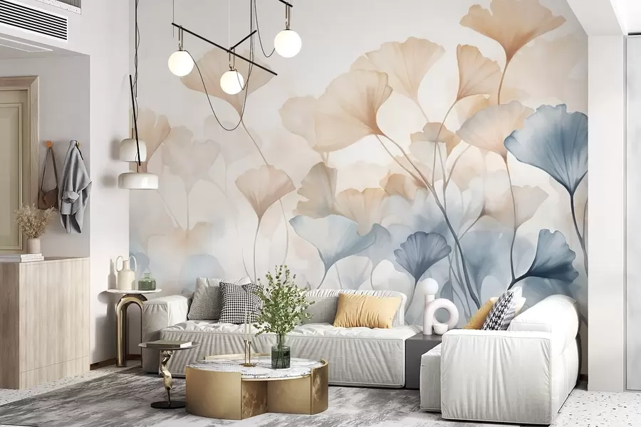 Fototapetai Mėlynos ir oranžinės spalvos akvarelės ginkmedžio lapai, permatomi žiedlapiai, subtilūs stiebai, švelni spalvų paletė w08917