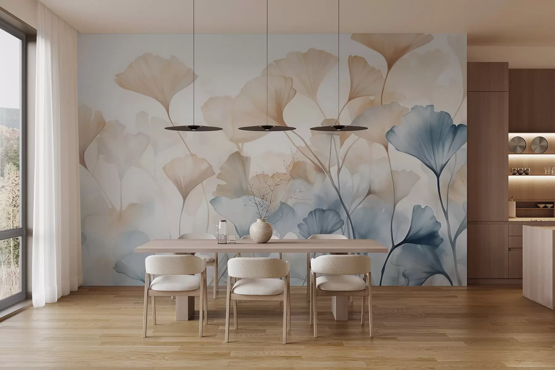 Fototapetai Mėlynos ir oranžinės spalvos akvarelės ginkmedžio lapai, permatomi žiedlapiai, subtilūs stiebai, švelni spalvų paletė w08917