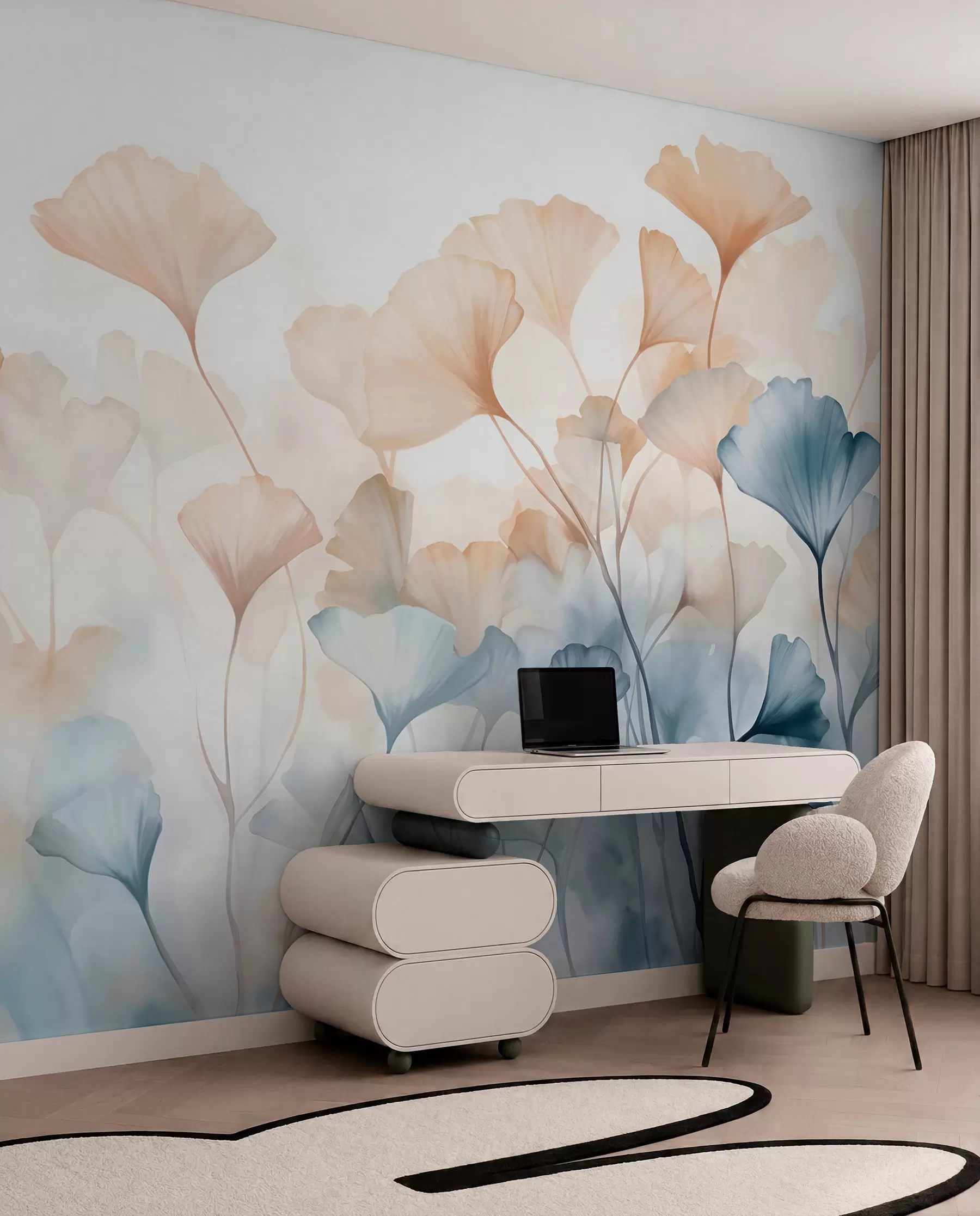 Fototapetai Mėlynos ir oranžinės spalvos akvarelės ginkmedžio lapai, permatomi žiedlapiai, subtilūs stiebai, švelni spalvų paletė w08917